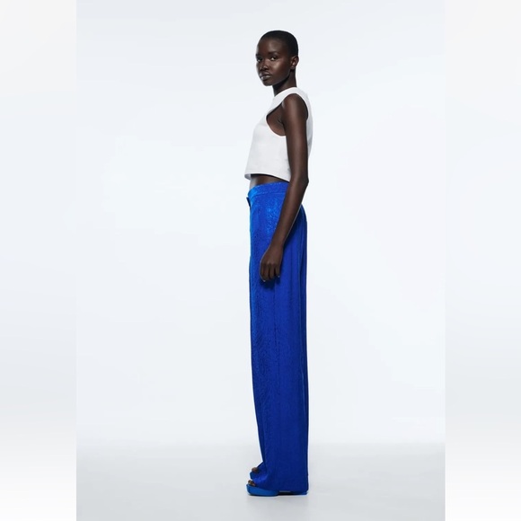 Zara Blue Satin Wide Leg High Waisted Pants - Picture 7 of 10
